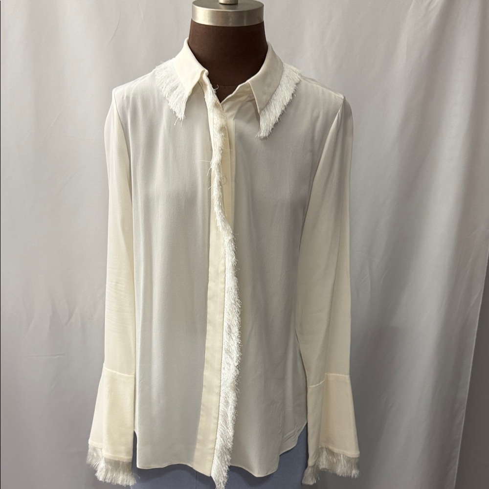 Alexis Elegant Ivory Fringe-Trim Button Down Blouse Size M